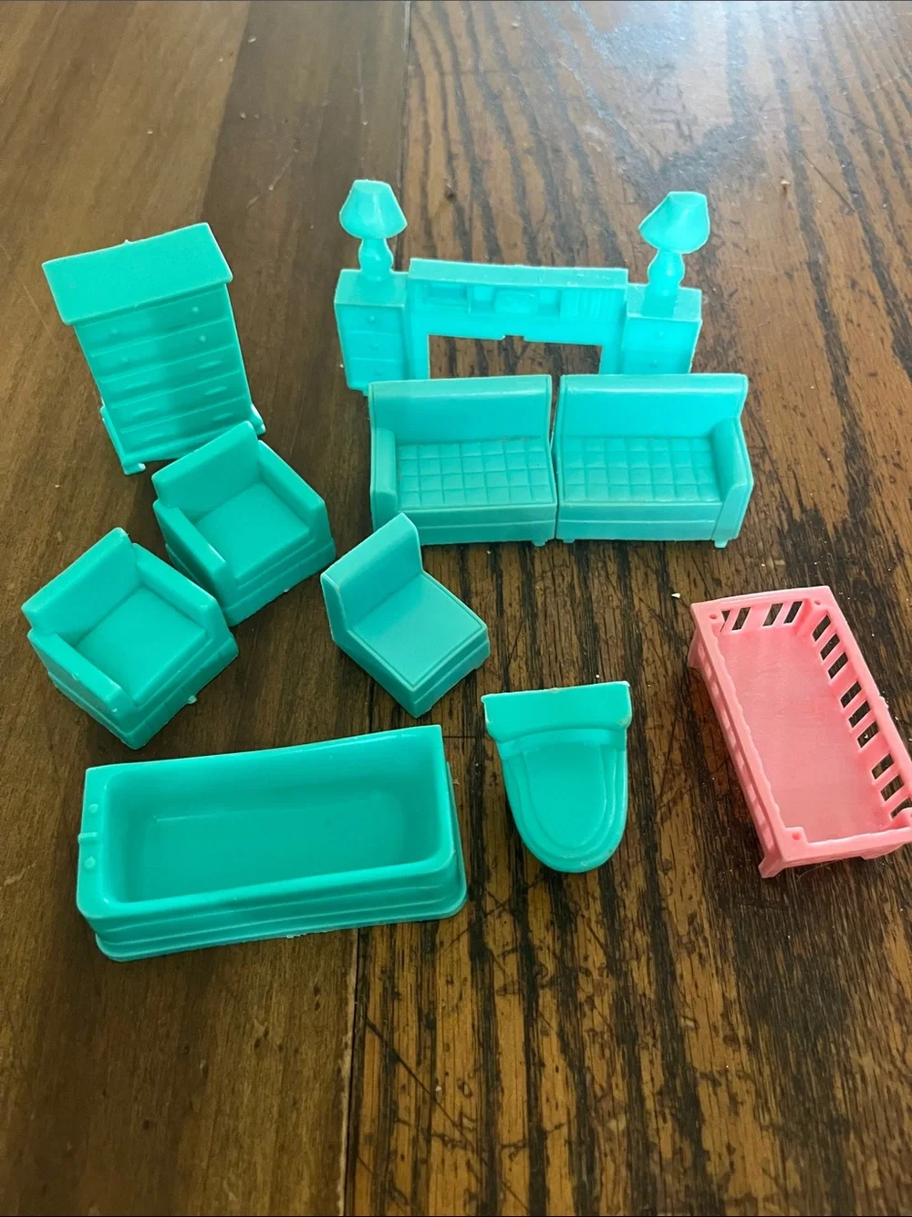 Vintage plastic dollhouse furniture- Teal and Pink Dollhouse Accessories